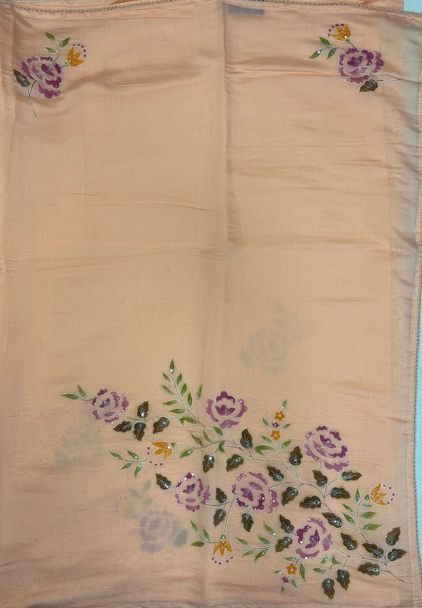 Muslin Saree-Orange With Floral Patten