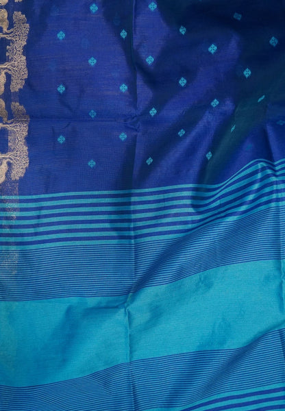 Raw Silk Saree-With Tree and Elephant-Blue