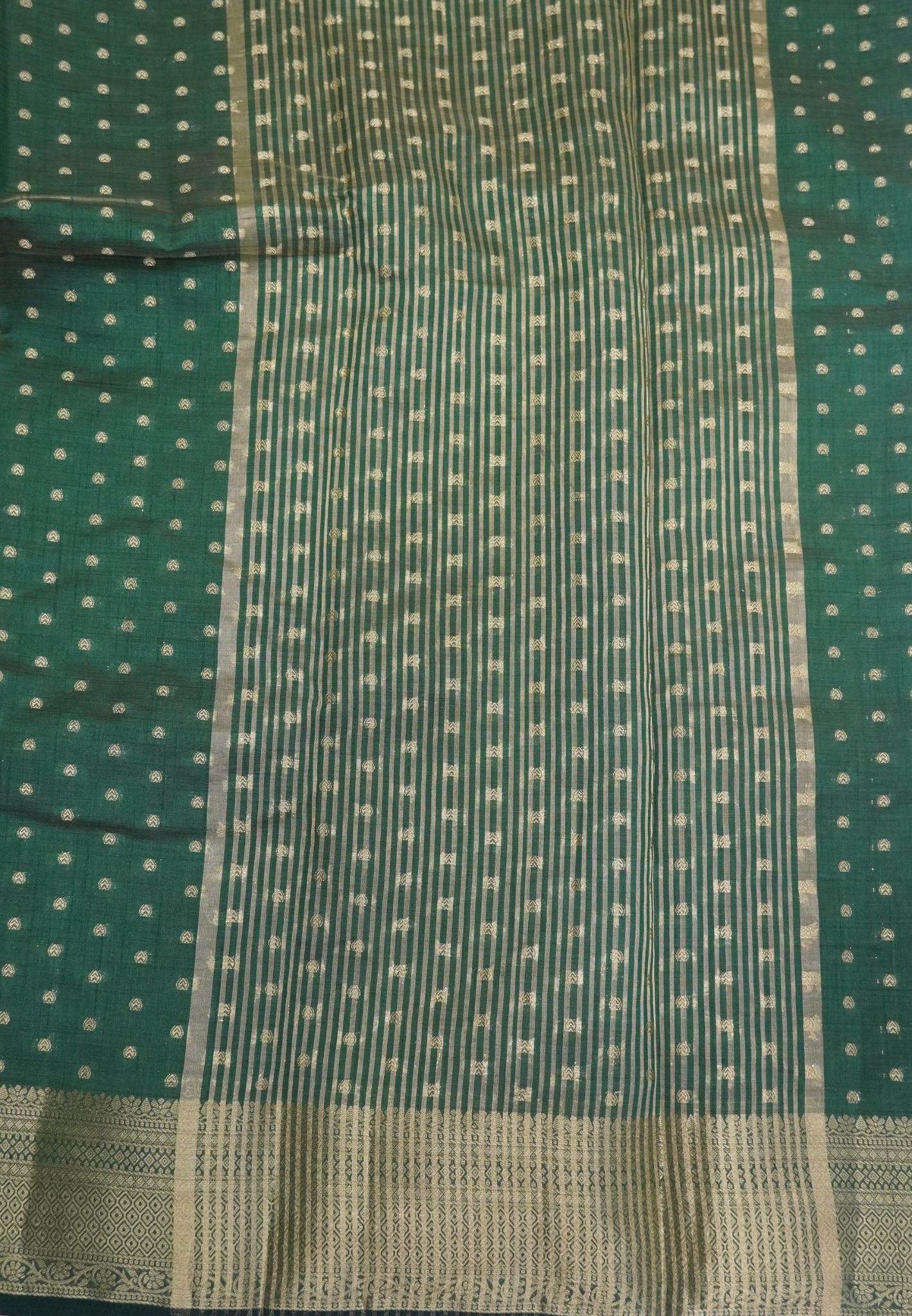 Semi Tussar Saree-Dark Green with Golden Zari Bud Buttas