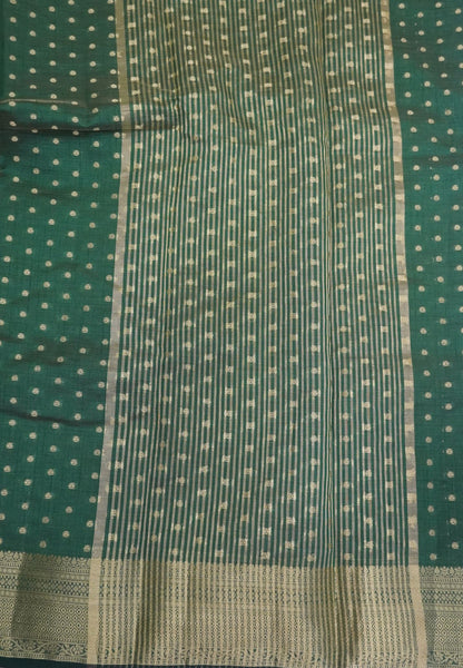 Semi Tussar Saree-Dark Green with Golden Zari Bud Buttas