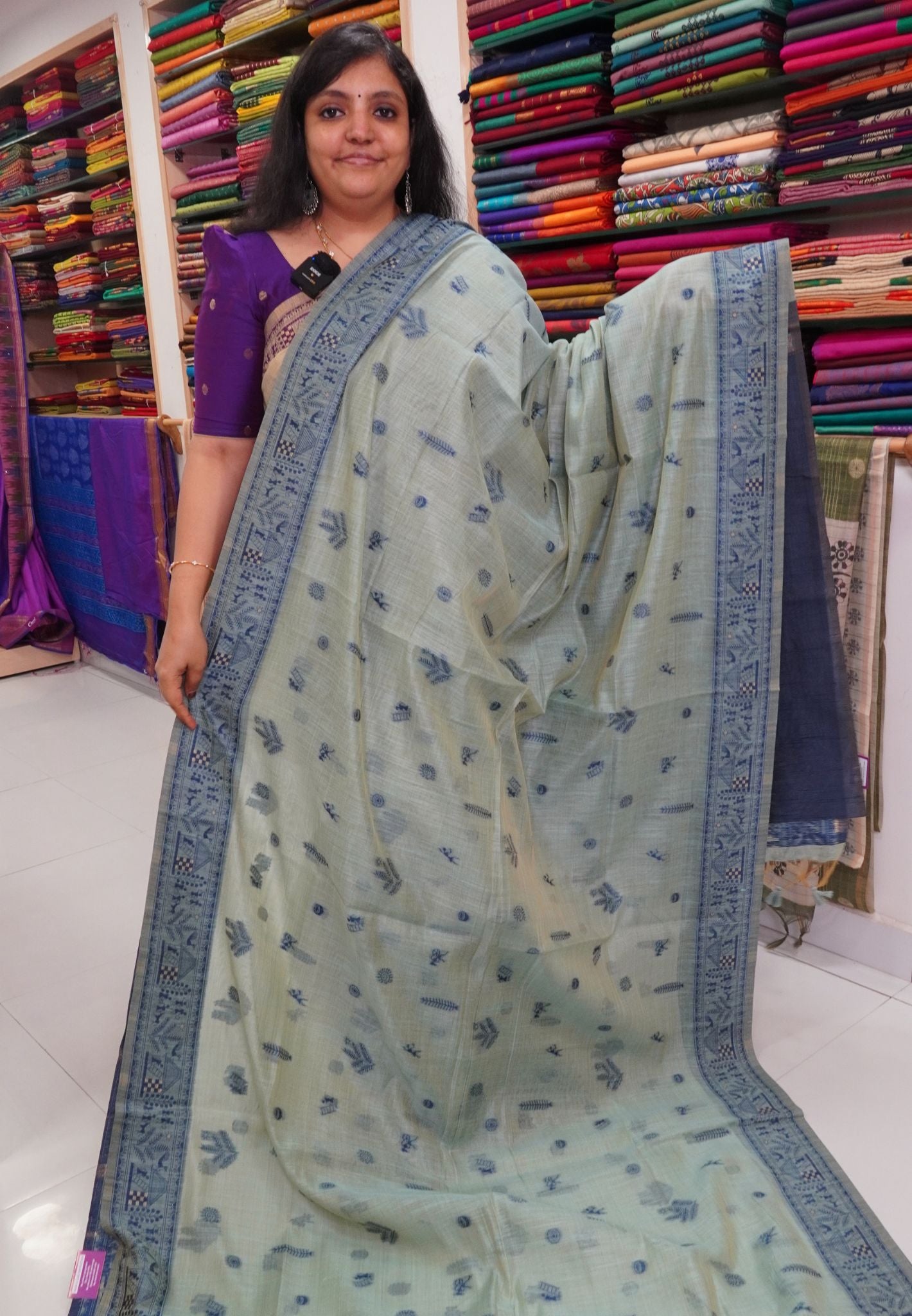 Moonga Cotton Saree Warli Pattern- Sea Green