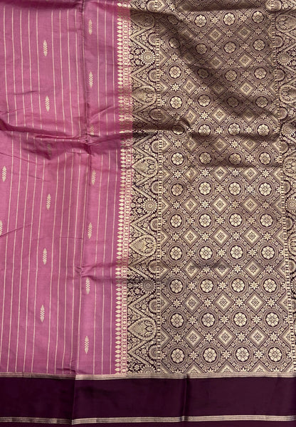 Gaji Silk Saree-Onion Pink in Intricate Geometric Floral Zari with Contrast Border