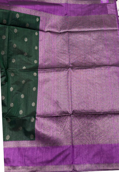 Semi Raw Silk Saree-Dark Green with Contrast Retapet Border