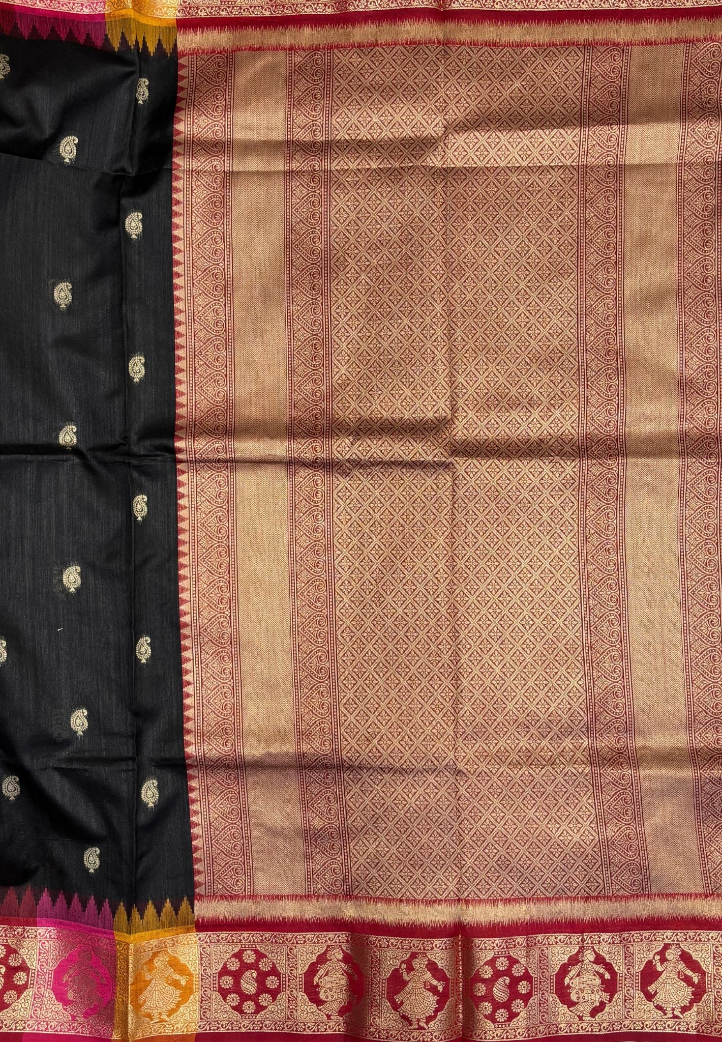 Raw Silk Saree-Black In Floral Medallion Brocade Border