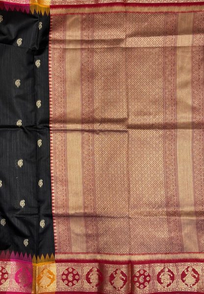 Raw Silk Saree-Black In Floral Medallion Brocade Border