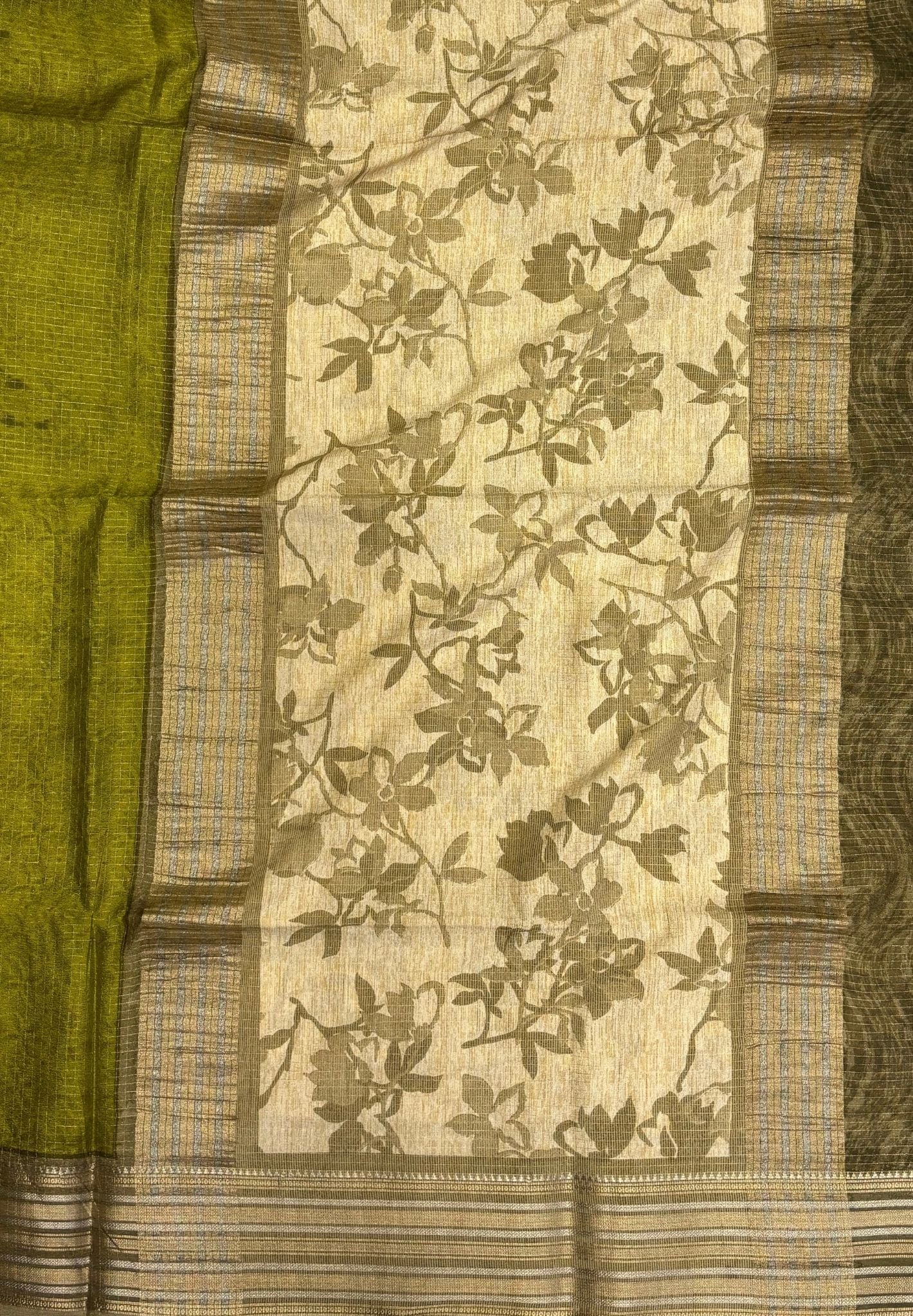 Muslin Tussar Saree-Olive Green In Floral Vine Border