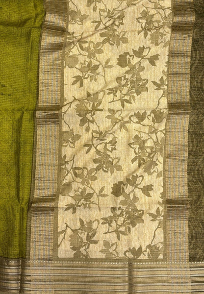 Muslin Tussar Saree-Olive Green In Floral Vine Border