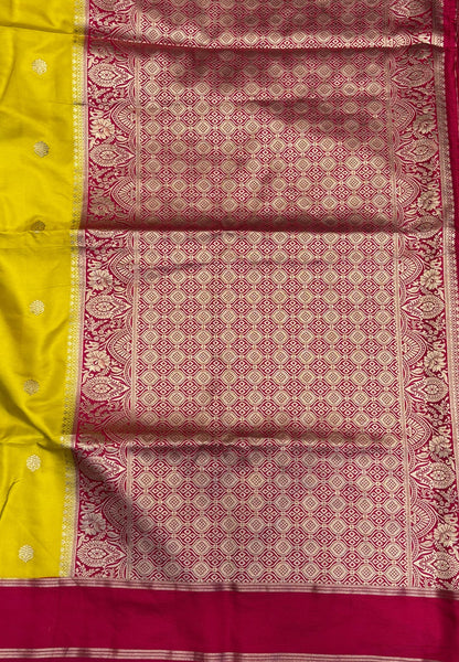 Gaji Silk Saree-Yellow in Butta Retpet Zari with Contrast Border