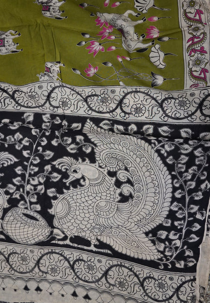 Kalamkari Cotton Saree – Traditional Art Inspired Design – Green