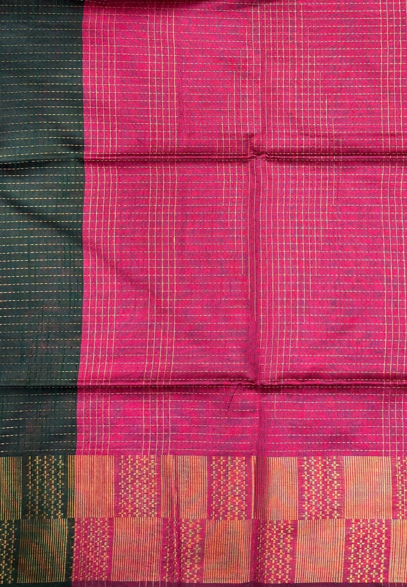 Semi Raw Silk Saree-Bottle Green In Checkered Zari With Contrast Border
