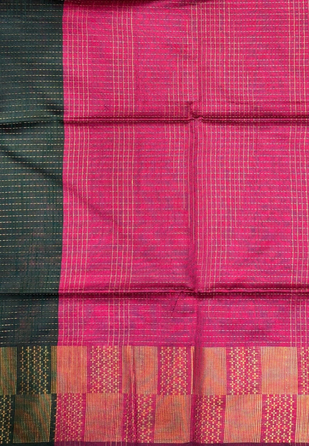 Semi Raw Silk Saree-Bottle Green In Checkered Zari With Contrast Border