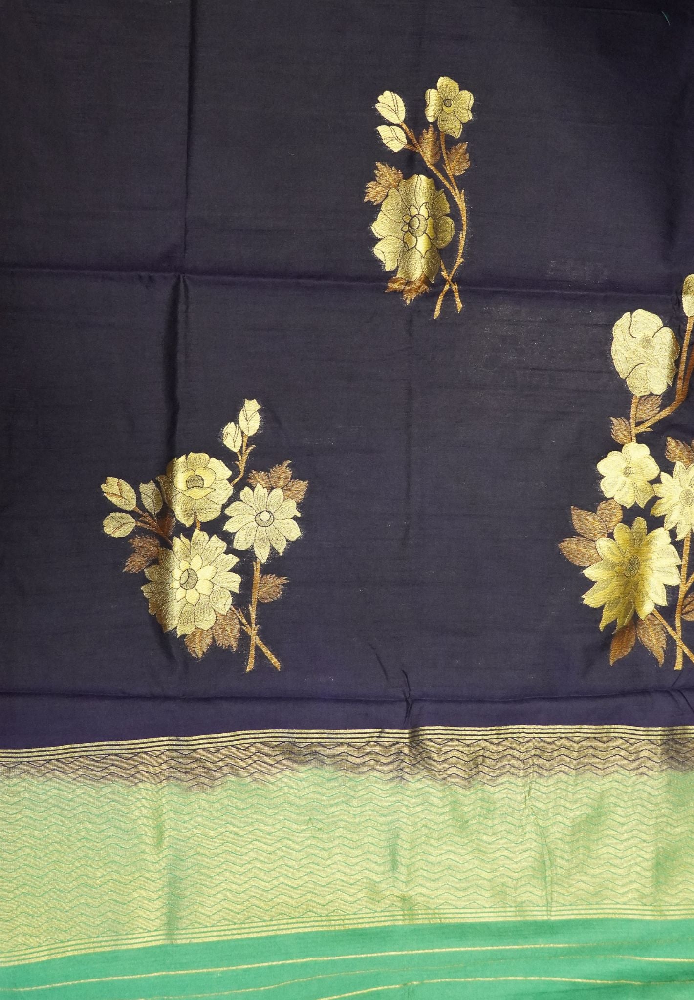 Semi Tussar Saree with Floral Zari Motifs - Navy Blue