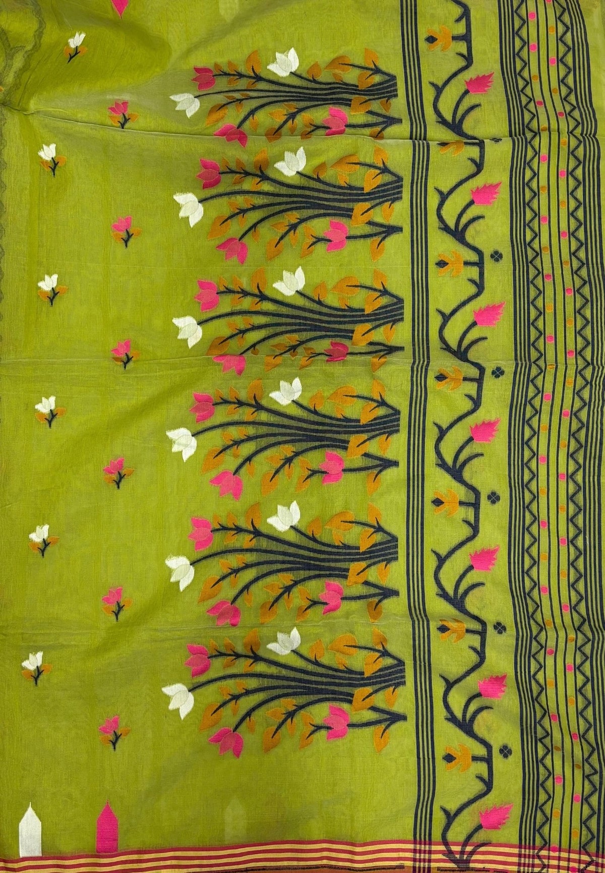 Handloom Cotton Saree-Pista Green In Lotus Floral Border