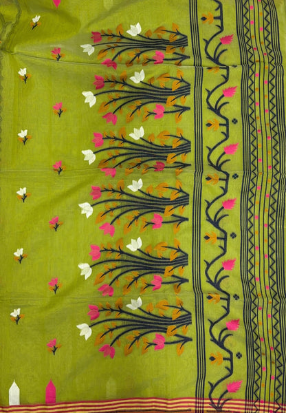 Handloom Cotton Saree-Pista Green In Lotus Floral Border