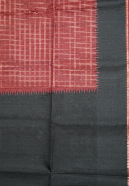 Semi Matka Tussar Saree-Maroon with Contrast Border and Zari Checks