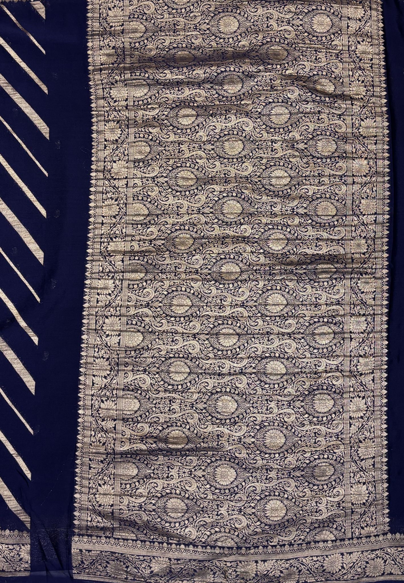 Chinon Silk Saree-Navy Blue with Antique Floral Border