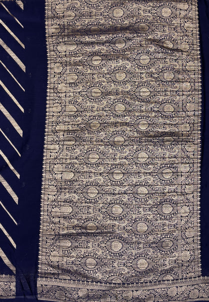 Chinon Silk Saree-Navy Blue with Antique Floral Border