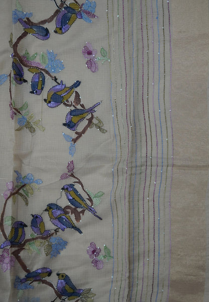 Kota Saree with Bird Embroidery Work - Beige