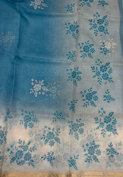 Organza Saree-Blue with Floral Aplique Work