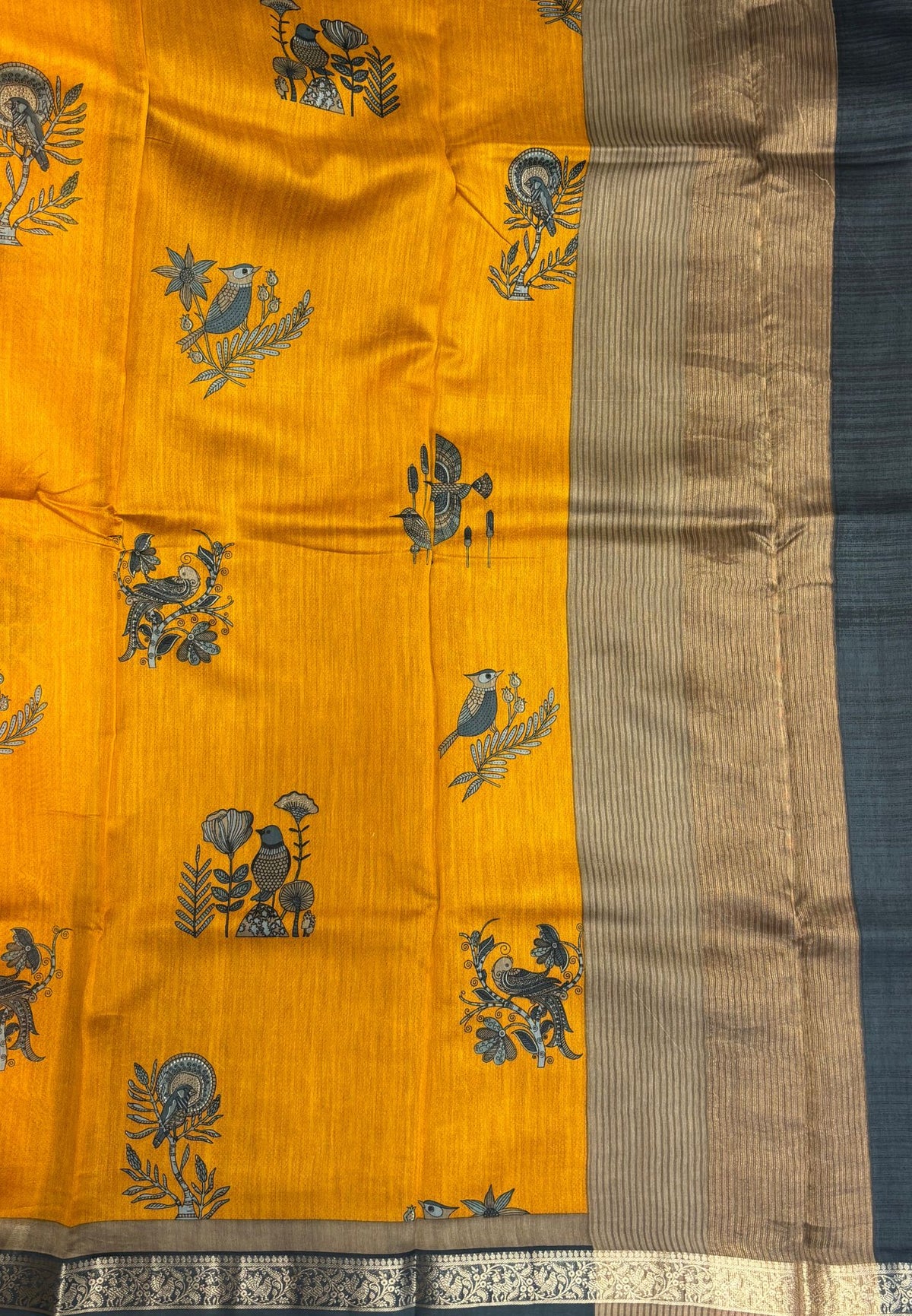 Chanderi Saree-Mustard in Traditional Bird Motif Border