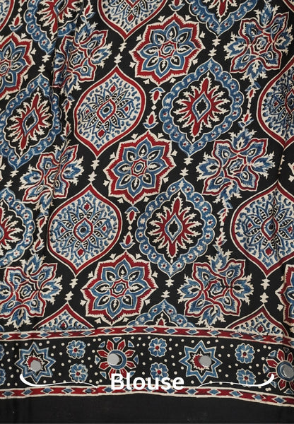 Pure Modal Silk Saree-Original Mirror Work &Traditional Printed Motifs - Black with red