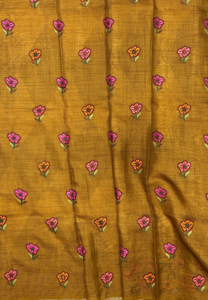 Tissue Linen Saree-Mutard In Cross Stitch Floral Border