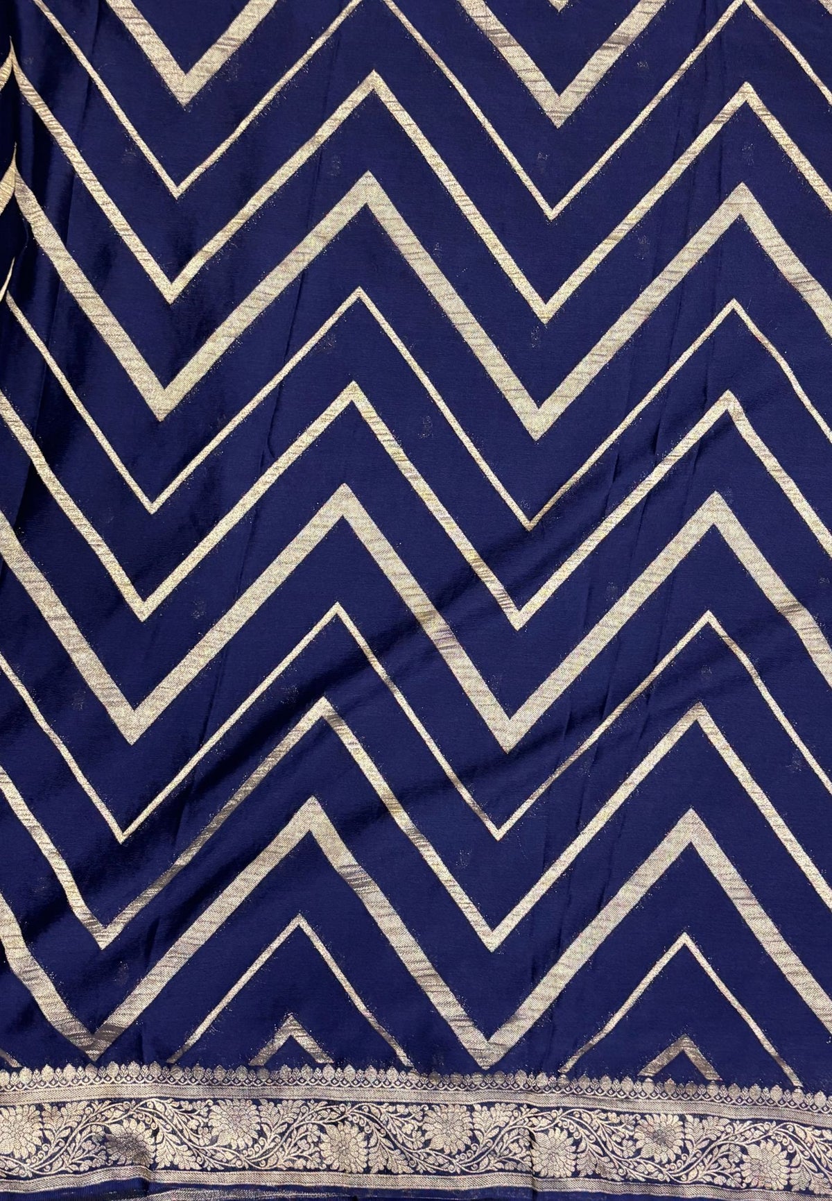 Chinon Silk Saree-Navy Blue with Antique Floral Border