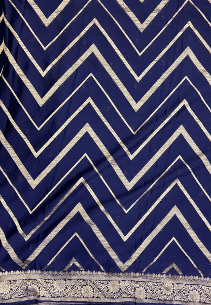 Chinon Silk Saree-Navy Blue with Antique Floral Border
