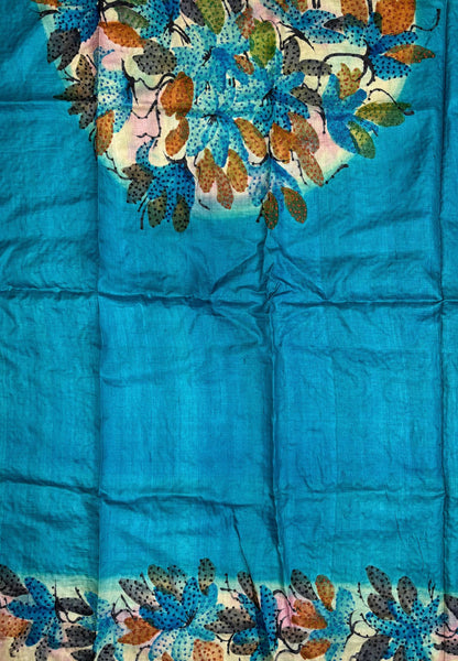 Pure Tussar Saree-Green-Blue In Stripe French Knot Border