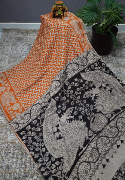 Kalamkari Cotton Saree – Orange & Ivory Heritage Print