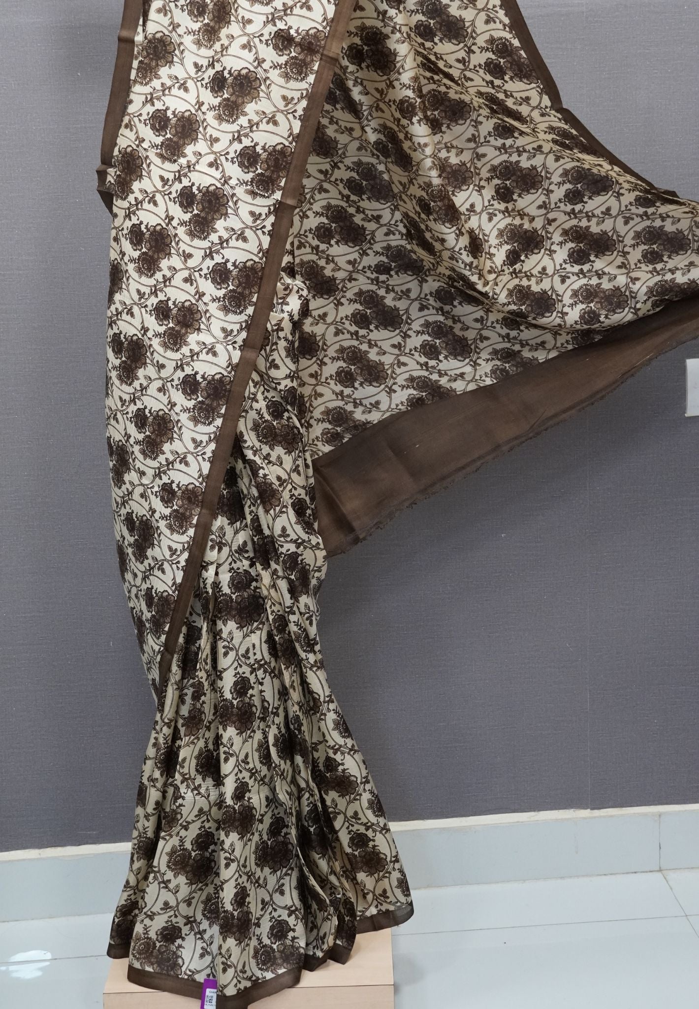 Pure Tussar Saree-Sandal in Floral Pattern