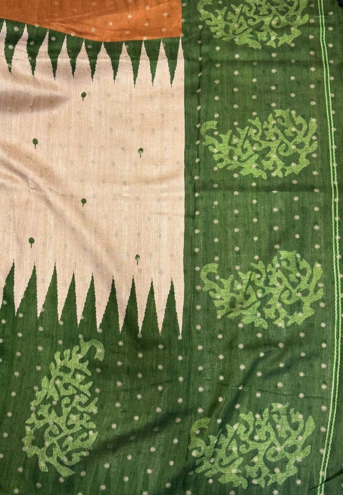 Soft Tussar Saree-Beige-Green In Zigzag Temple Inspired Border
