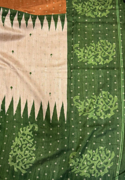 Soft Tussar Saree-Beige-Green In Zigzag Temple Inspired Border