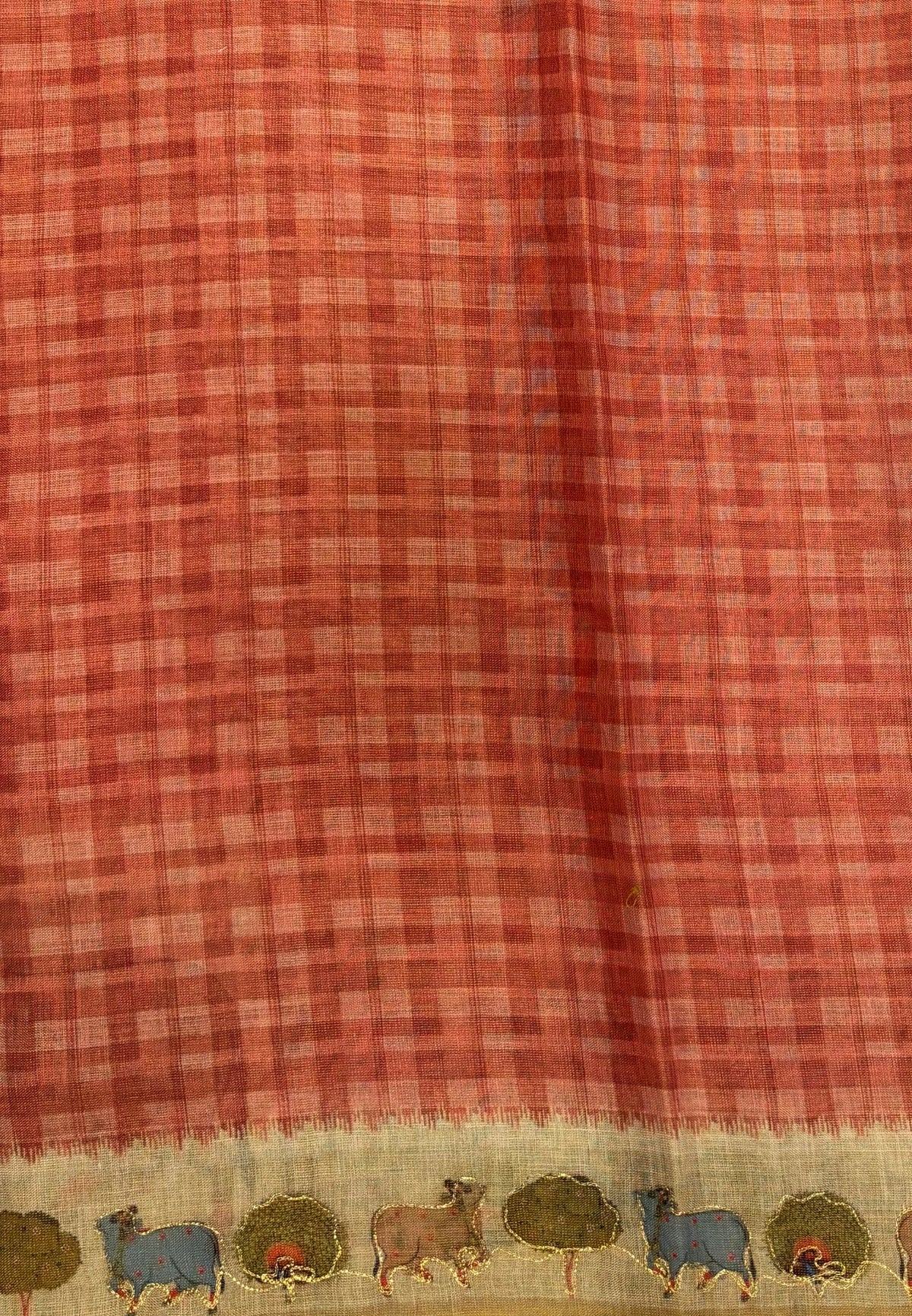 Tissue Linen Saree-Orange in Pichwai Cow & Peacock Motif Border