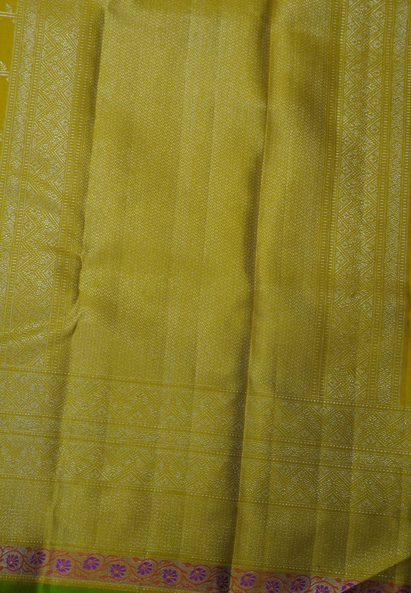 Pure Kanchipuram Silk-Yellow with Silver Zari and Floral Border