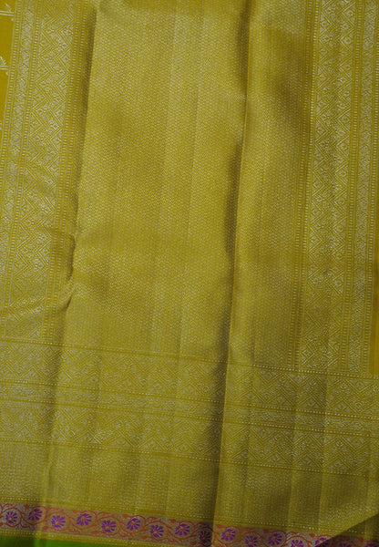 Pure Kanchipuram Silk-Yellow with Silver Zari and Floral Border