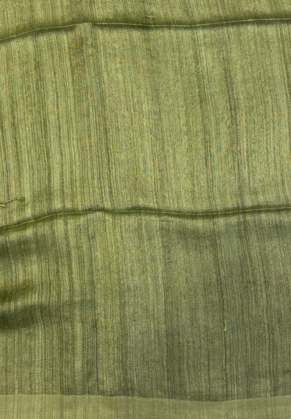 Pure Moonga Cotton Saree-Olive Green in Coin Butta with Striped Border