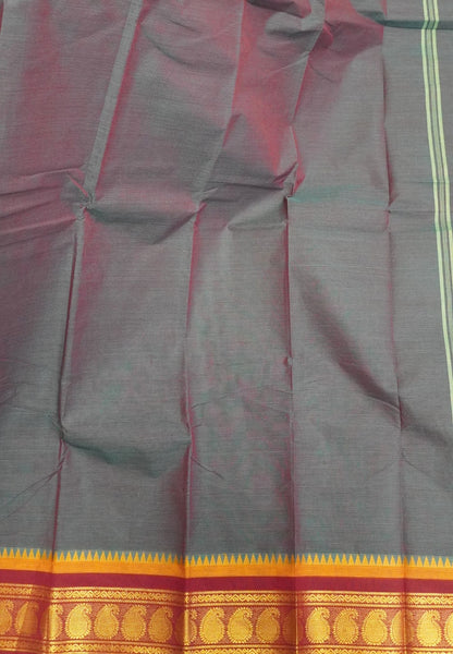 Kanchi Cotton Saree-Greenish Red With Paisley Zari Border