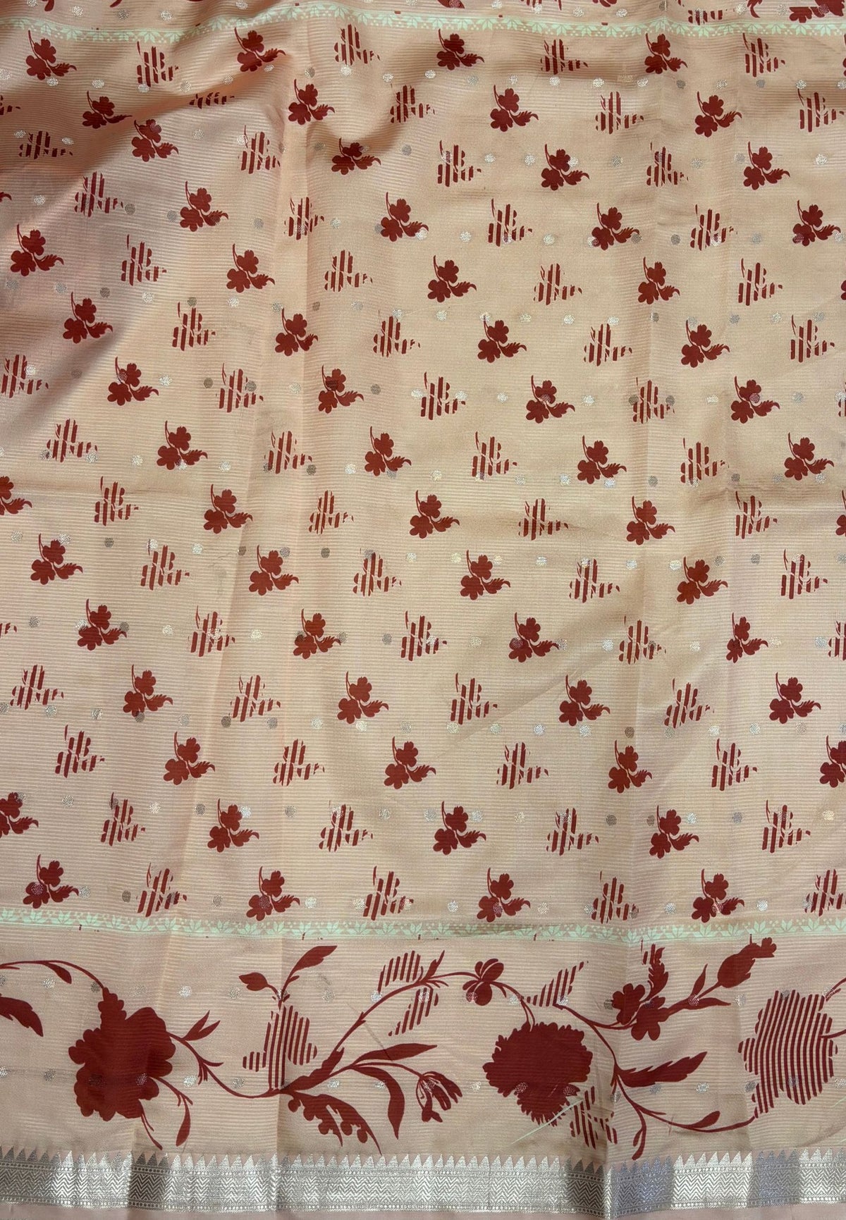Soft Tussar Saree-Brick Red In Hibiscus Floral Border