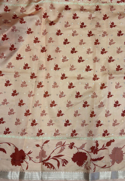 Soft Tussar Saree-Brick Red In Hibiscus Floral Border