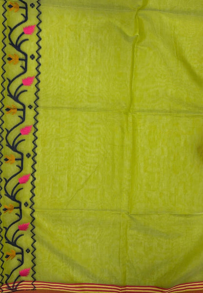 Handloom Cotton Saree-Pista Green In Lotus Floral Border