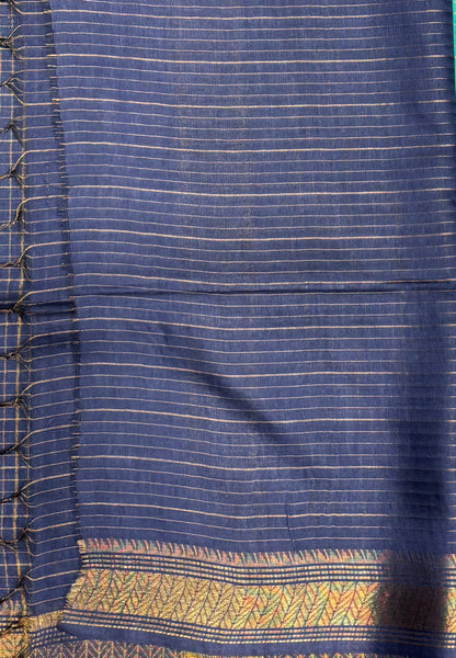 Semi Bhagalpur Tussar Saree-Teal Green in Zari checks with Contrast Border