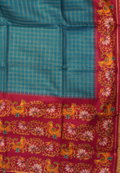 Premium Matka Tussar Saree-Ramar Blue with Contrast Border in Tanjore Print
