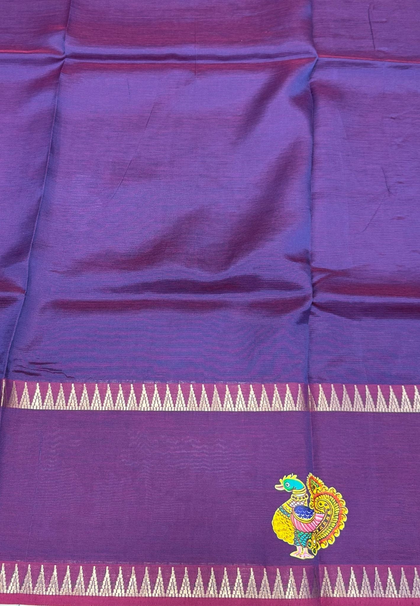 Pure Mangalgiri Silk Saree-Purple Peacock with Tanjore Print
