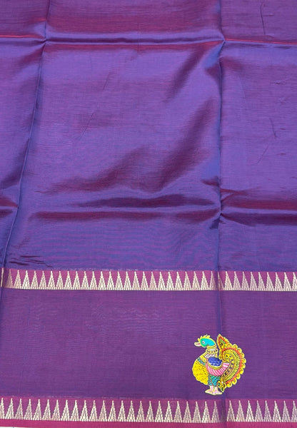 Pure Mangalgiri Silk Saree-Purple Peacock with Tanjore Print