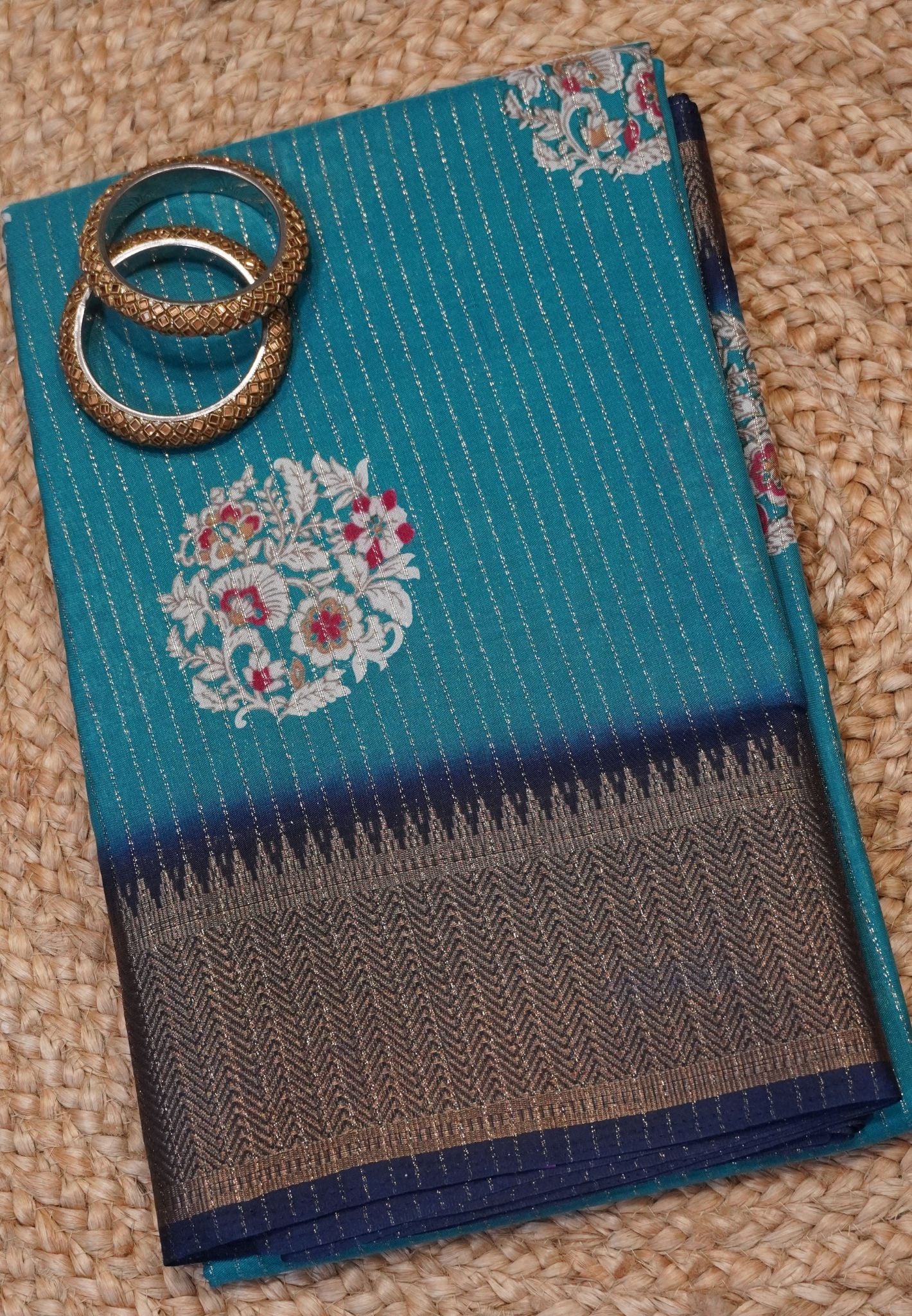 Semi Dola silk saree-Ramar blue with zari lines