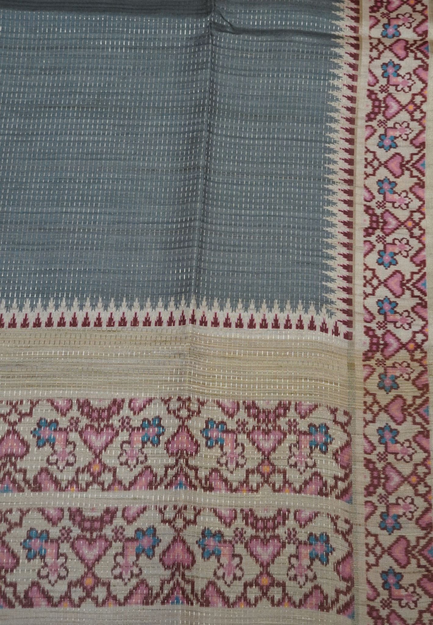 Semi Tussar Saree -Grey with Ikkat Border