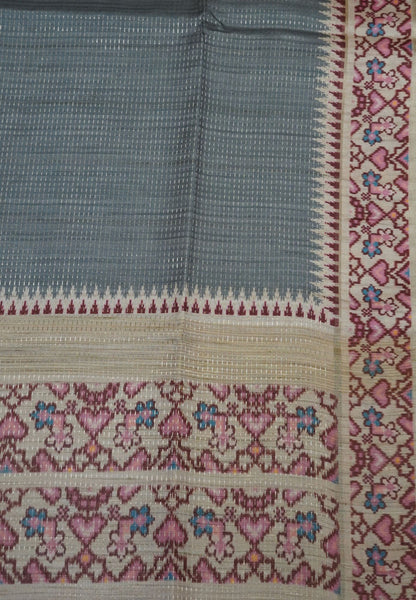 Semi Tussar Saree -Grey with Ikkat Border