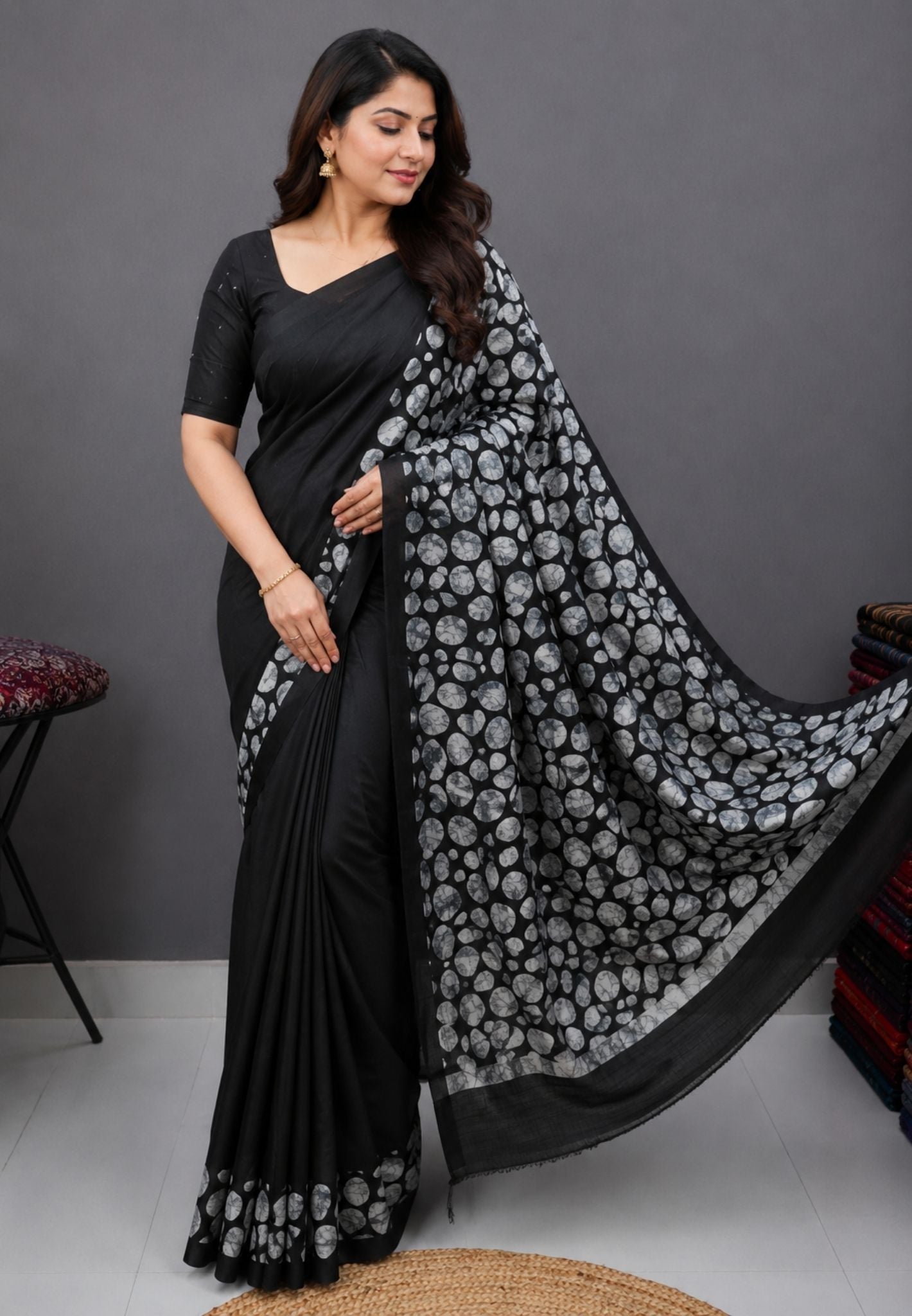 Pure Tussar Saree-Black with Pebble Border