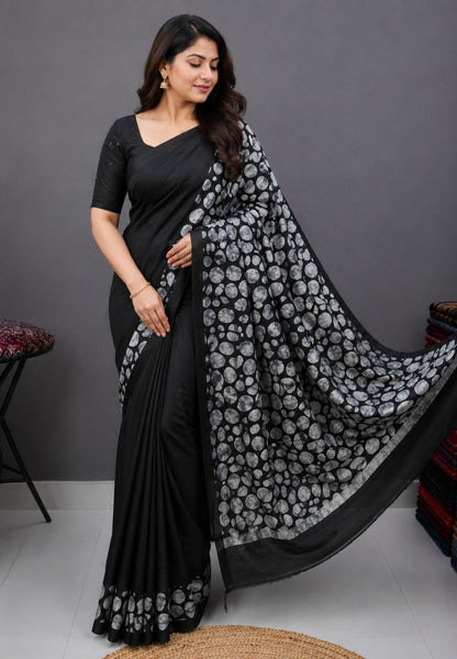Pure Tussar Saree-Black with Pebble Border
